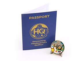 Geocaching HQ GeoTour Passport and Geocoin Front